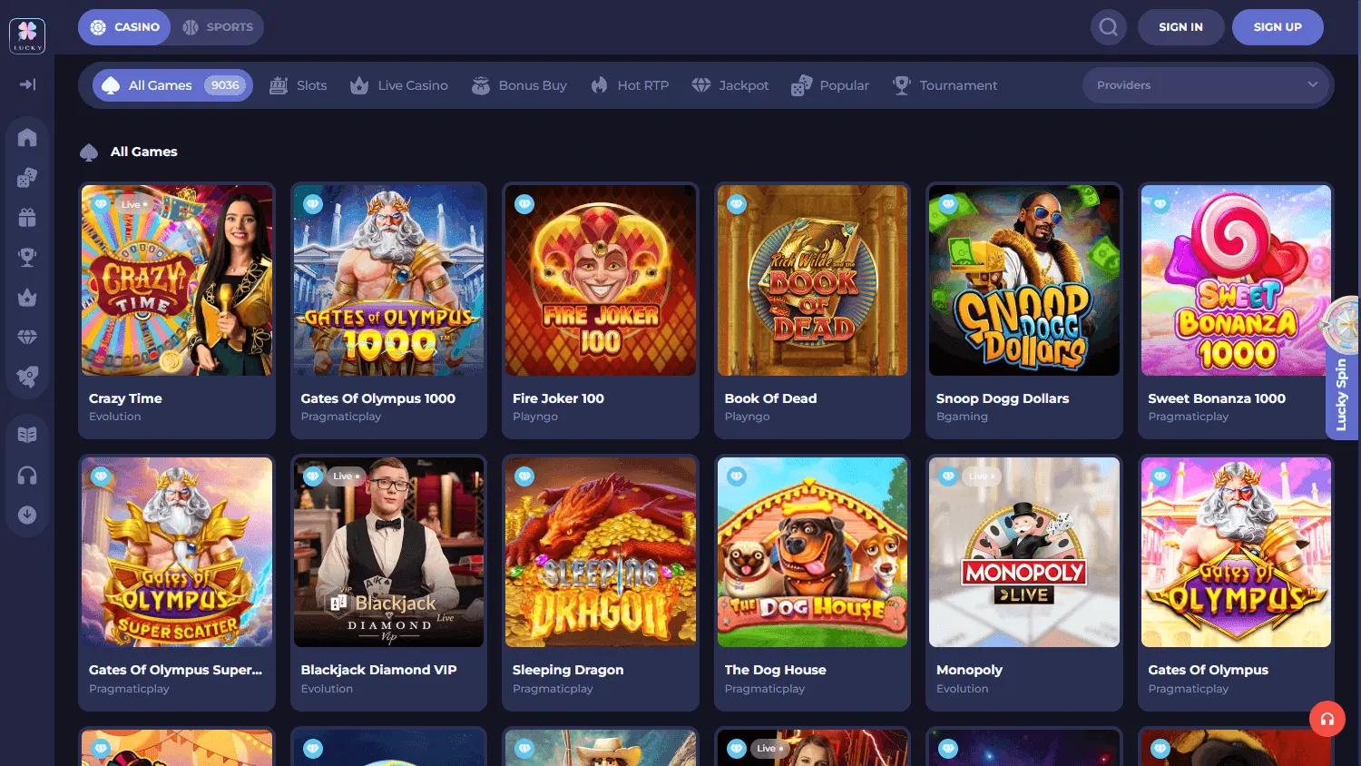 Lucky Friends Casino desktop games catalogue with casino game categories