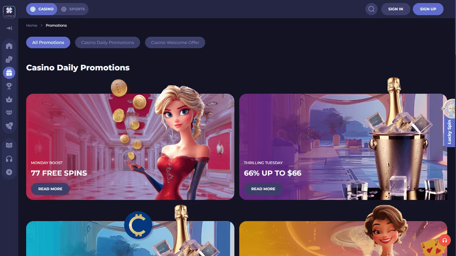 Lucky Friends Casino desktop promotions with casino and sportsbook welcome offers