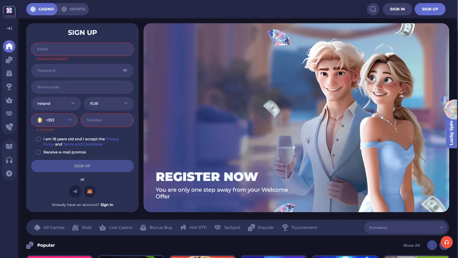 Lucky Friends Casino desktop home with casino and sportsbook options