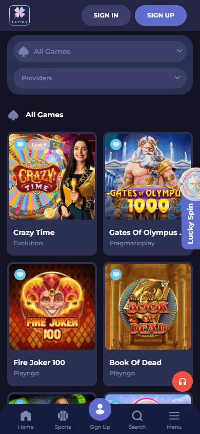 Lucky Friends Casino mobile games catalogue with casino and live game options