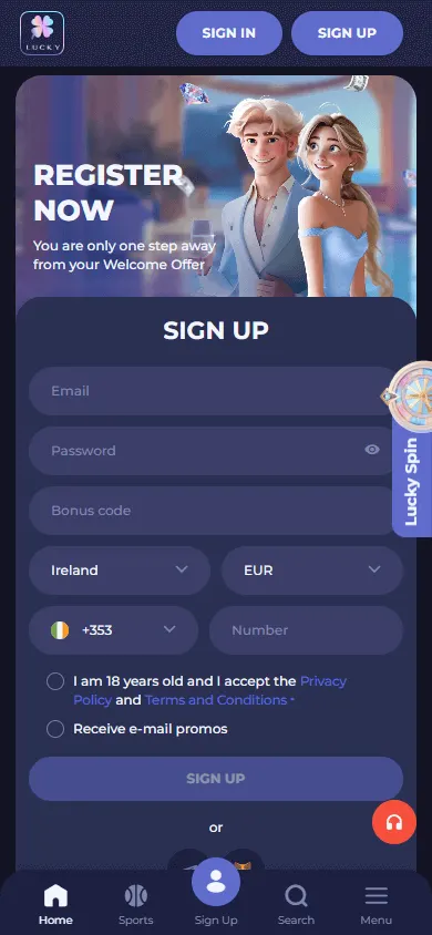 Lucky Friends Casino mobile home accessed through an iOS or Android browser